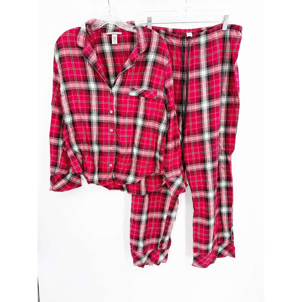 Victoria's Secret Red Plaid Flannel Pajama Set Womens Large L Metallic Tartan